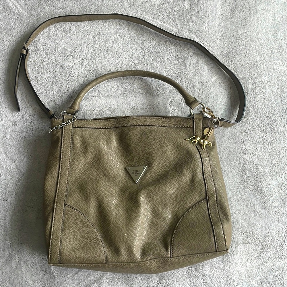 Guess Pebbled Leather Shoulder Bag in Olive Taupe